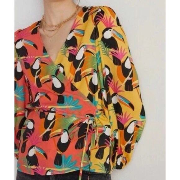 Farm Rio Wrap Shirt Sz Small Tropical Toucan Beaded Tassels Boho Career Casual - Picture 2 of 16